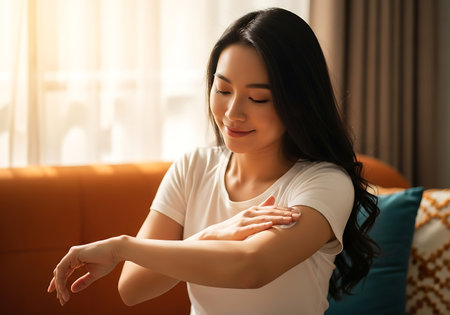 A smiling young woman with long dark hair applies lotion to her arm while sitting on a couch. Soft light streams in from a window.の素材