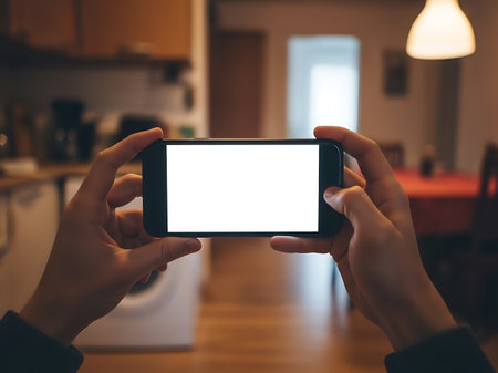Close-up of hands holding a mobile device horizontally, displaying a bright white blank screen.  Indoor background.の素材