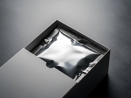 A close-up shot of a shiny silver foil packet partially revealed within a dark, open cardboard container.の素材
