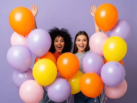 Two happy women with beaming smiles pose amidst a vibrant collection of floating balloons, radiating excitement and festivity.の素材