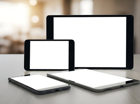 A variety of digital gadgets including a large tablet, a smaller tablet, and two mobile phones are displayed on a surface.の素材