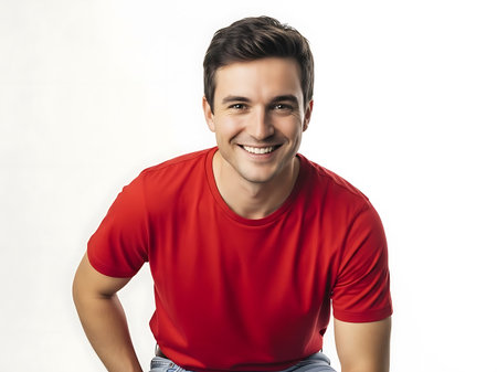 A handsome man with dark hair and a friendly smile wears a vibrant red t-shirt. He is posed against a clean white backdrop.の素材