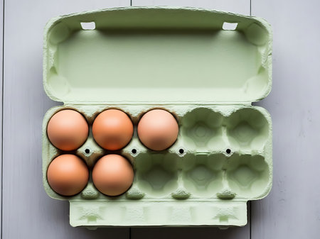 A carton of six brown eggs sits open on a light surface, showcasing their natural color and freshness.の素材