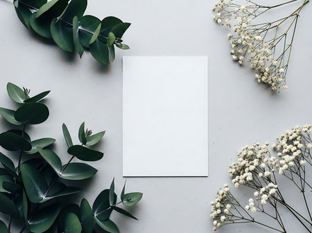A serene arrangement featuring lush green leaves and tiny white blossoms surrounding a central empty card on a soft gray background.の素材