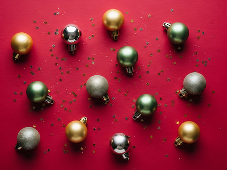 A festive arrangement of metallic holiday baubles scattered across a vibrant red surface, creating a celebratory mood.の素材