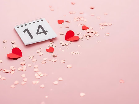 A calendar page showing the number 14, surrounded by small red hearts and sparkling confetti on a pink backdrop.の素材