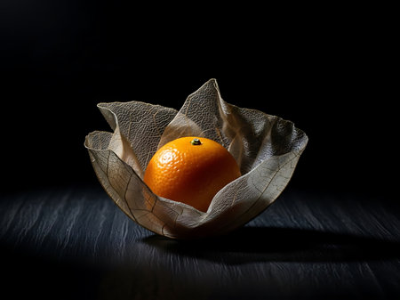 A single, ripe golden berry is artfully presented within its translucent, dried husk against a deep, shadowy backdrop.の素材