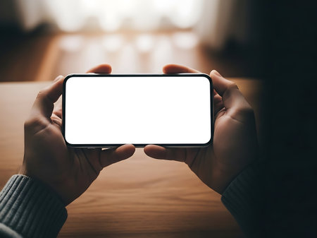 Close-up of hands holding a modern mobile device horizontally, displaying a clear white screen for content.  Wooden surface background.の素材