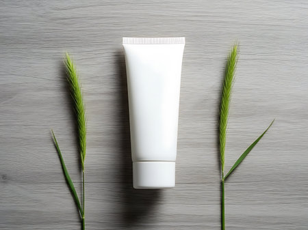 A clean white cosmetic tube is centered on a grey wooden background, flanked by delicate green plant stalks.の素材