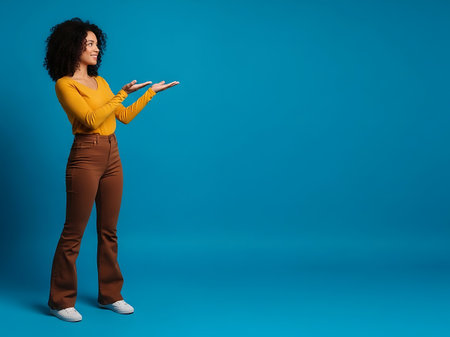 A woman with curly hair stands against a blue background, holding a small electronic device in her hands.の素材