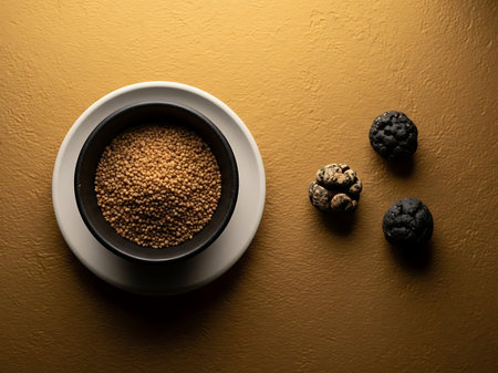 A top-down view of earthy black truffles next to a bowl filled with a variety of dried mushrooms.の素材