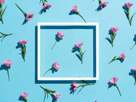 A vibrant arrangement of small pink flowers and buds creates a charming pattern against a solid blue surface, centered by a clean white square.の素材