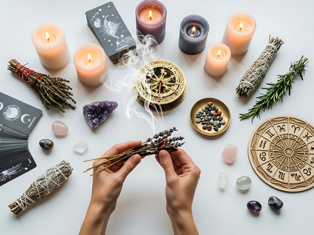 A person is holding a bundle of smudging herbs, surrounded by various astrology and spiritual items such as candles, tarot cards, crystals, and zodiac signs, creating a serene and mystical atmosphere.の素材