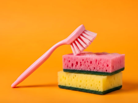 A stack of three sponges in different colors, pink, yellow, and green, with a pink brush on top, against a vibrant orange background.の素材