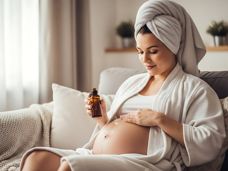 A serene pregnant woman, wrapped in a white robe and towel, gently applies oil to her belly while sitting comfortably on a couch in a well-lit living room.の素材