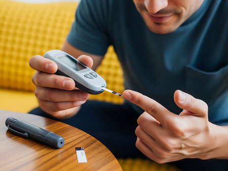 A man is using a glucometer to check his blood sugar level. He is holding the device in one hand and a test strip with a small blood sample in the other. The glucometer is a small, portable device used to measure the glucose level in the blood.の素材
