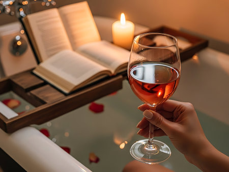 A serene scene of a person enjoying a glass of wine while soaking in a bathtub, surrounded by rose petals and a good book, creating a peaceful ambiance.の素材