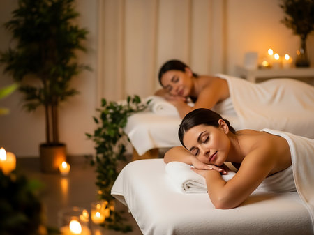 Two women relaxing on massage tables in a serene spa environment, surrounded by candles and plants, enjoying a peaceful and rejuvenating experience.の素材