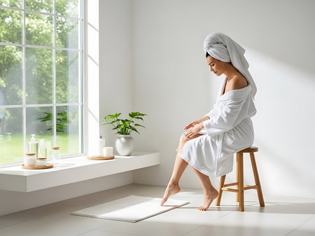 A serene image of a woman sitting on a wooden stool in a minimalist white bathroom, wrapped in a white robe and towel on her head, surrounded by candles and a potted plant near a large window with natural light.の素材