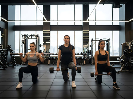 Three women are exercising together in a well-equipped modern gym, each performing lunges with dumbbells. They are dressed in fitness attire, showcasing their strength and dedication to their workout routine.の素材