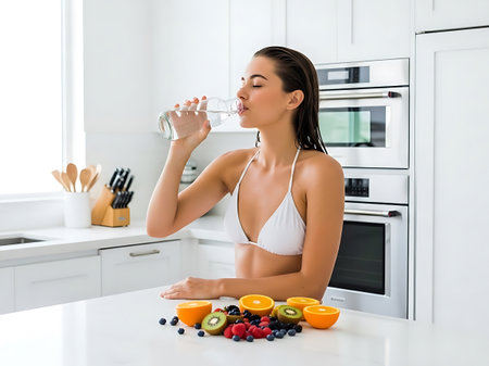 A young woman in a white bikini top is drinking water from a glass in a sleek, modern kitchen. The kitchen is predominantly white with stainless steel ovens in the background. On the counter in front of her is a selection of fresh fruits including oranges, kiwi, blueberries, and raspberries.の素材