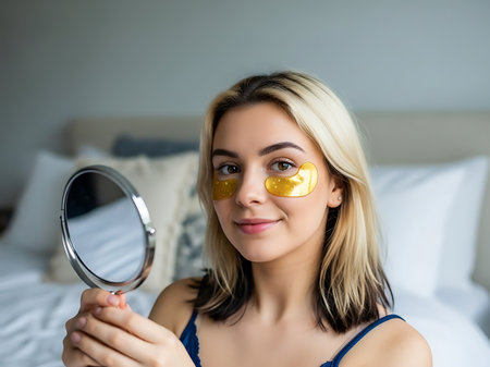 A young woman with blonde hair is holding a mirror and has gold eye patches under her eyes, indicating a skincare routine. She is wearing a blue tank top and is in a bedroom with a bed and pillows in the background.の素材