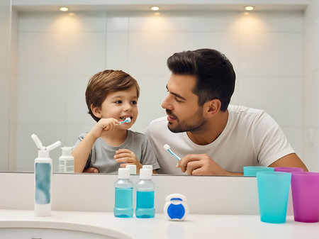 A heartwarming scene of a father and son bonding over oral hygiene, standing together in front of a bathroom sink, both brushing their teeth with toothbrushes, surrounded by various oral care products.の素材