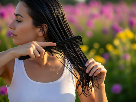 A serene scene of a woman gently detangling her long dark hair with a black comb, set against a vibrant backdrop of colorful flowers in a lush green field.の素材