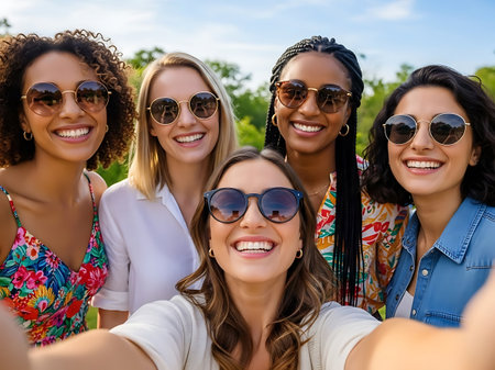 A group of five diverse women, all wearing sunglasses, smiling and taking a selfie together in an outdoor setting with a natural green background and blue sky.の素材