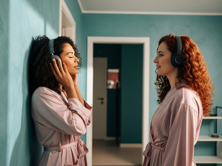 The image depicts two women standing in a room with blue walls, both wearing pink robes and headphones. The woman on the left has dark, curly hair and is leaning against the wall with her eyes closed, while the woman on the right has red, curly hair and is facing her. The background features a doorway and a shelf, suggesting a relaxed, possibly spa-like atmosphere.の素材