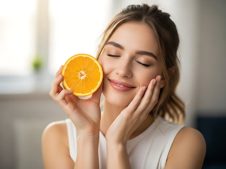 A young woman with her eyes closed, holding a fresh orange slice beside her face, conveying a sense of relaxation and appreciation for the simple pleasures. She is wearing a white sleeveless top and has her hair styled in a relaxed manner. The background is softly blurred, suggesting a serene indoor setting.の素材