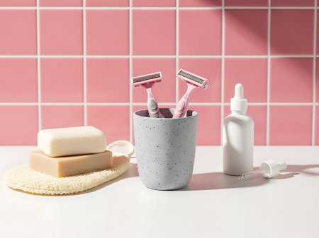 A neatly arranged collection of personal care items on a bathroom counter, featuring a speckled gray cup holding two pink razors, two bars of soap on a beige cloth, and a white dropper bottle with its cap removed, all set against a backdrop of pink tiled wall.の素材