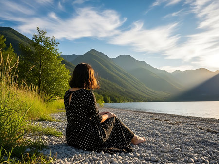 A serene scene of a woman sitting on a rocky beach, gazing out at a majestic mountain range in the distance. The tranquil atmosphere is enhanced by the calm lake and the warm sunlight filtering through the clouds.の素材