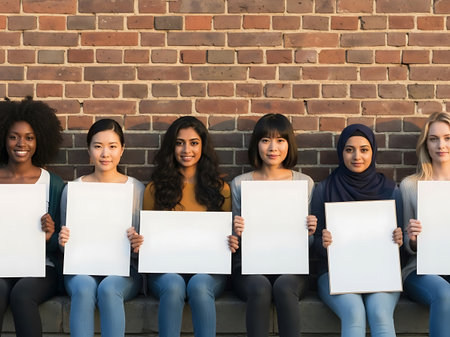 A group of six women from different ethnic backgrounds sitting against a brick wall, holding blank white signs. They are all smiling and looking directly at the camera, conveying a sense of unity and solidarity.の素材