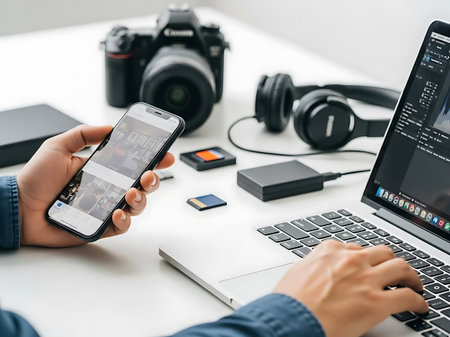 A person is sitting at a white desk, holding a mobile phone in their left hand and typing on a laptop with their right hand. The desk is cluttered with various items such as a camera, headphones, and memory cards, indicating that the person is likely a photographer or content creator editing their photos.の素材