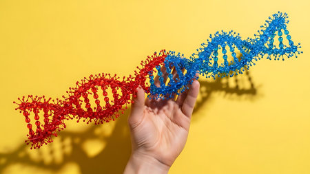 The image shows a hand holding a colorful model of a DNA double helix. The model features red and blue spirals with yellow connectors, illustrating the structure of DNA. The background is a solid yellow color, which contrasts with the vibrant colors of the DNA model.の素材