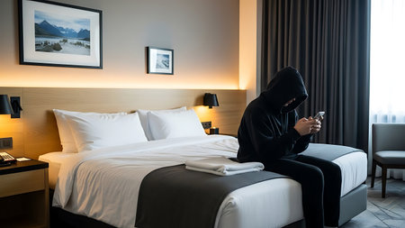 A person is sitting on a neatly made bed in a modern hotel room, engrossed in their smartphone. The room features contemporary decor with framed artwork on the wall, a comfortable bed with white linens, and a cozy atmosphere enhanced by warm lighting. The room also includes a side table with a lamp and a chair near the window, which is dressed with dark curtains.の素材