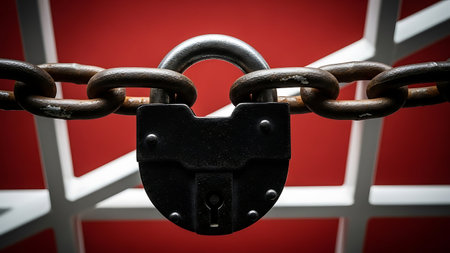 The image depicts a close-up view of a heavy-duty chain securely locked with a padlock. The chain is linked together, and the padlock is firmly attached, ensuring security. The background features a red and white pattern, possibly a window or gate, emphasizing the locked nature of the chain. The overall scene conveys a sense of safety and protection.の素材