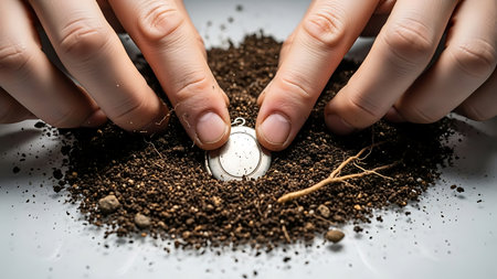 The image depicts a pair of hands gently placing a seed into a mound of soil. The hands are carefully positioning the seed, suggesting the act of planting. The soil is dark and rich, indicating a suitable environment for growth. The focus is on the interaction between the hands and the seed, emphasizing the act of planting and the potential for new life.の素材