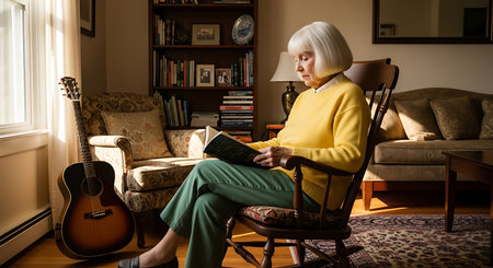 An elderly woman with white hair sits on a wooden chair, engrossed in reading a book. She is dressed in a yellow sweater and green pants, and her feet are resting on the floor. The room is well-lit with natural light coming from the window on the left. A guitar is placed next to the window, leaning against the wall. The background features a bookshelf filled with books, a couch, and a coffee table.の素材