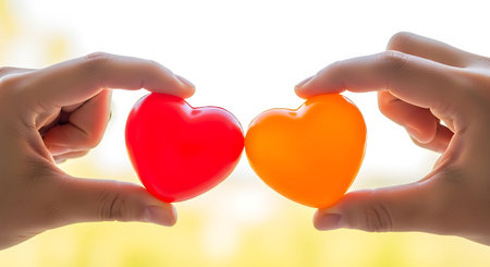 A close-up image of two hands holding a red and an orange heart-shaped object together, symbolizing love, care, and togetherness against a blurred yellow background.の素材
