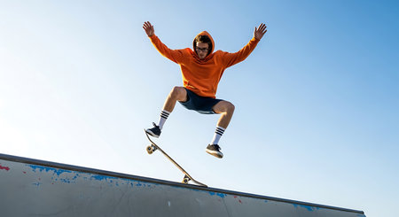 A young man wearing an orange hoodie and black shorts is captured mid-air, performing a skateboarding trick on a ramp. The skateboarder's arms are outstretched, and his skateboard is tilted, showcasing his skill and balance.の素材