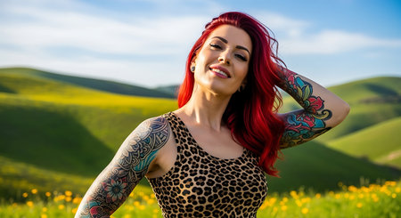 A woman with vibrant red hair and colorful tattoos on her arms is standing in a lush green field with yellow flowers, wearing a leopard print top and smiling with her eyes closed.の素材