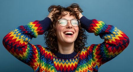 A young woman with curly brown hair and glasses is standing against a blue background, wearing a vibrant multicolored knit sweater. She has her hands on her head and is exclaiming, conveying a sense of surprise or excitement.の素材