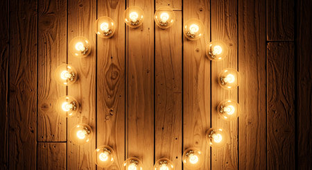 A wooden wall with vertical planks, featuring multiple light bulbs installed in a scattered pattern, emitting a warm glow.の素材