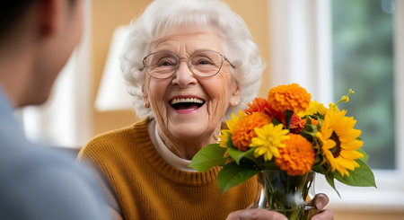 An elderly woman with white hair and glasses is smiling while receiving a bouquet of yellow and orange flowers from a man. She is wearing a yellow sweater and appears to be happy and surprised.の素材