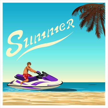 A man rides his jet ski through the sea along tropical beach. Flat design. Vector illustration.のイラスト素材