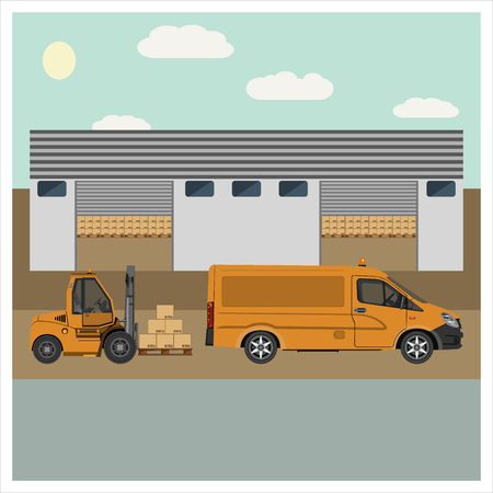 A forklift loads the van with goods from the warehouse. Flat design vector illustrationのイラスト素材