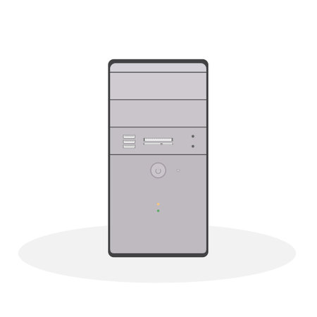 The system unit of the computer is in gray tones, with a card reader and operation indicators. Flat vector illustrationのイラスト素材