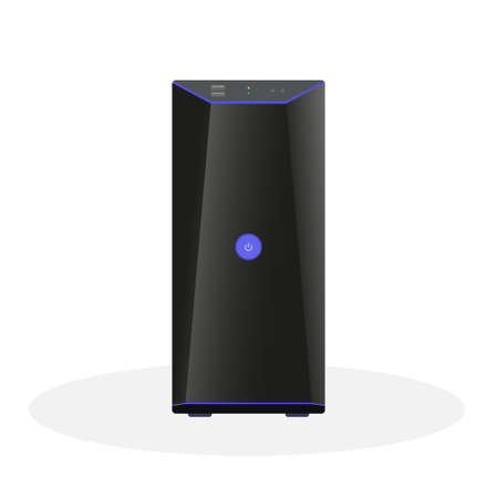 Modern computer system unit in black with a large power button, operation indicators and USB ports on the front panel. Flat vector illustrationのイラスト素材